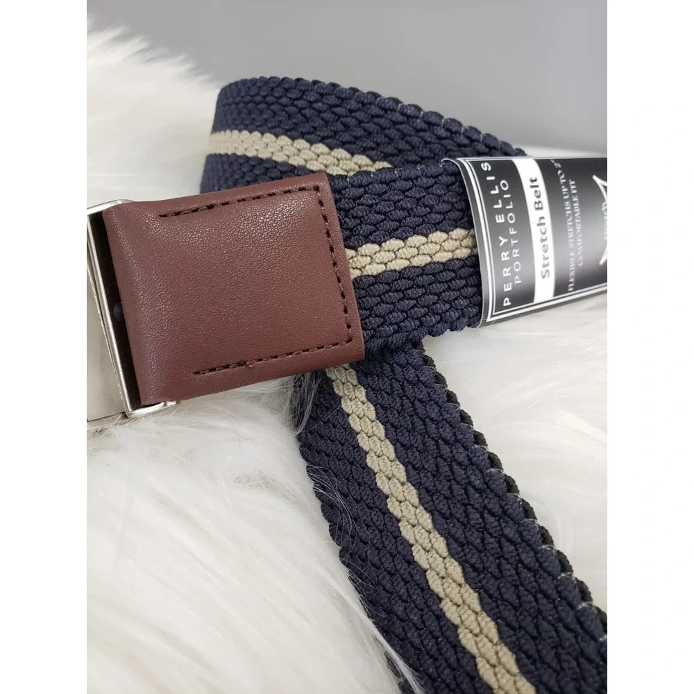 NEW SIZE 30 REVERSIBLE Perry Ellis Mens Canvas BLACK BLUE STretch belt golf prep